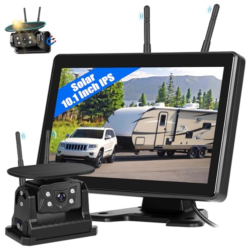 CAMECHO Cámara de Marcha Atrás Solar Inalámbrica con Monitor Táctil de 10,1 Pulgadas, 10000 mAh, Cámara Magnética 720P, IP68 Resistente, Visión Nocturna 320 pies para Coches de 12 36 V, Caravanas, SUV