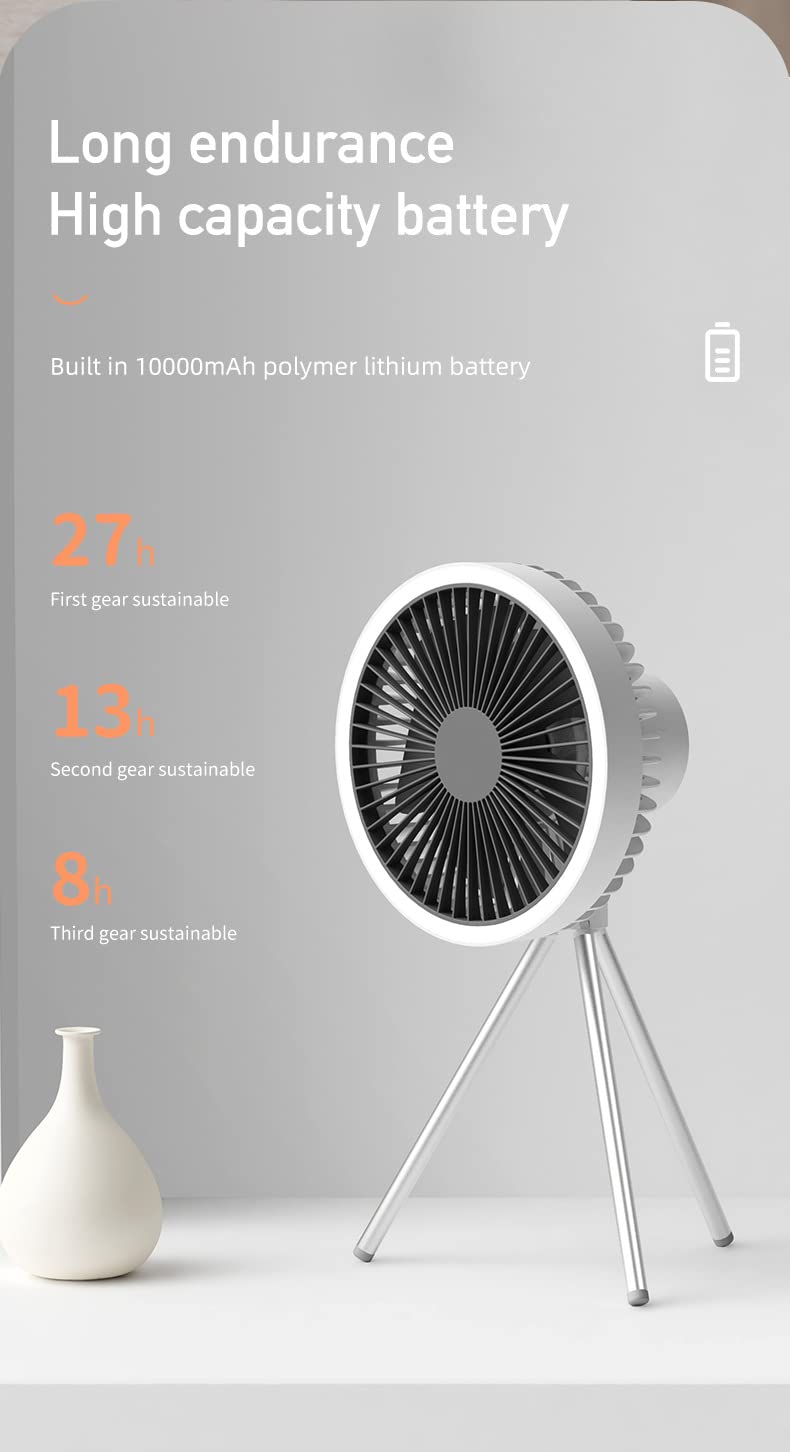 Wentylator namiotowy ze statywem, wentylator biurkowy ze światłem, 18 x 18 cm, 560 g, 10000 mAh, czas pracy 27 godz. (szary)