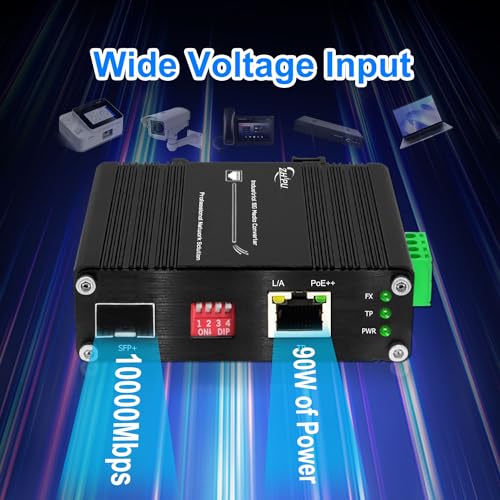 Image of Industrial 10G 90W PoE Fiber Optic SFP+ Media Converter, Unmanaged POE+ + Fiber Optic transceiver, IEEE802.3af /at /bt,DIN Rail, 48-57V DC, (-40F to 167F)