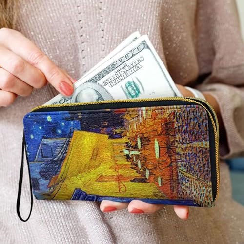 Art Women's Leather Large Capacity Zip Around Wallet, Cafe Terrace at Night Print Slim Long Credit Card Holder Phone Purse, Travel3