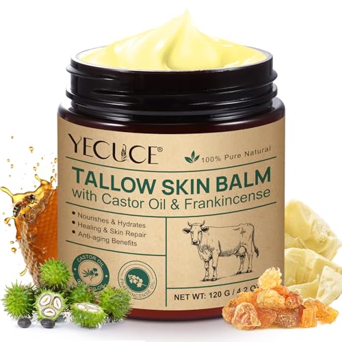 Bálsamo para la piel de sebo, aceite de ricino y aceite de incienso, paquete de 2, cuidado de la piel con sebo de res alimentada con pasto 100%, humectante para cara y cuerpo (120g 1Pack)