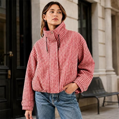 Women's Zipper Jackets Funnel Neck Gingham Pullover Cropped Jacket - image 3