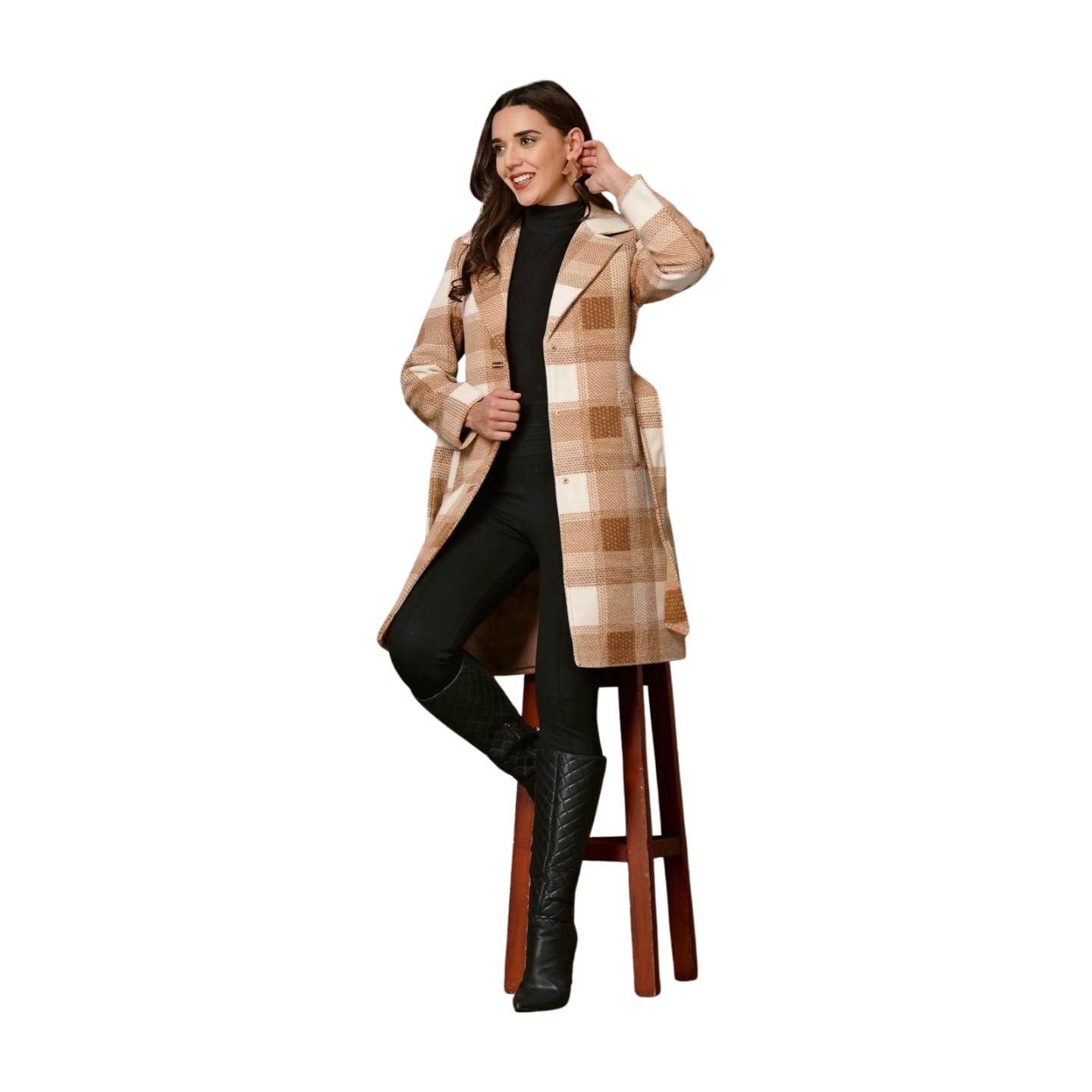 Women Checked Checked Single-Breasted Overcoat Beige-image-27