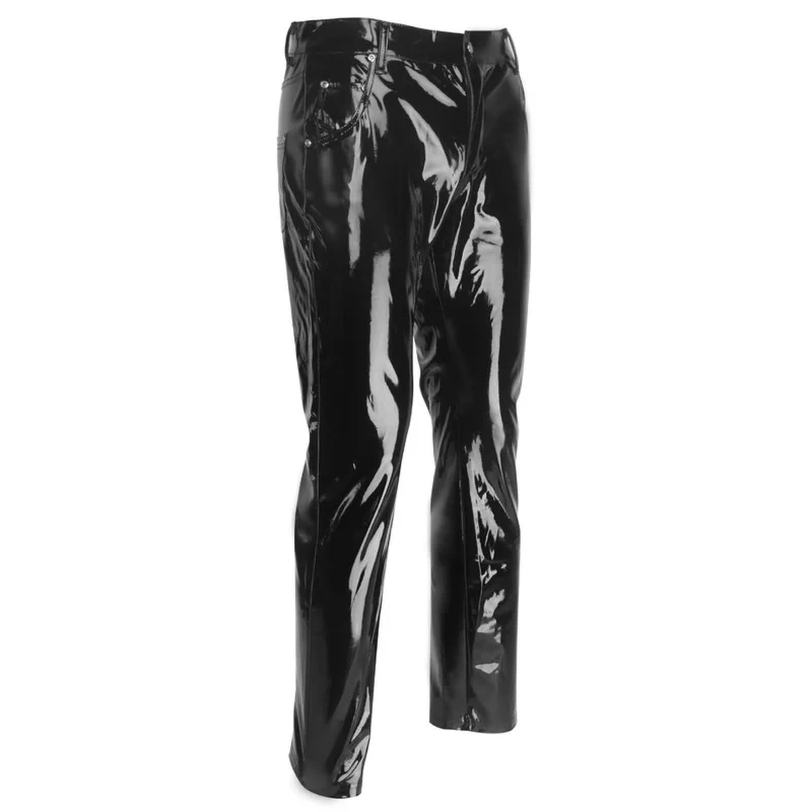 WEITING Pantaloni da Uomo in Lattice Lucido Pantaloni in Pelle PVC Moto Discoteca Spettacolo teatrale Leggings Effetto Bagnato Casual Streetwear Pantalon-Nero-S