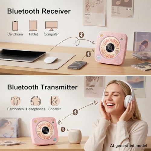 Image of Gueray Portable CD Player Bluetooth: CD Players for Home Rechargeable Desktop Wall Portable CD Player with Bluetooth & Dual Speakers 1800mAh Boombox FM Radio MP3 Music Player (Pink)