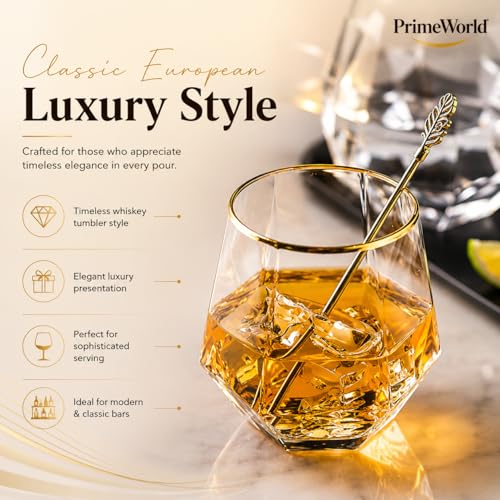 Image of PrimeWorld Gold Rim Diamond European Crystal Whiskey Glasses Set of 6 pcs- 300 ml Bar Glass for Drinking Bourbon, Whisky, Scotch, Cocktails, Cognac- Old Fashioned Cocktail Tumblers