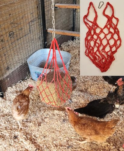 Muzzys RED Chicken Coop Flock Block Bird Seed Hanging Bag Veggie Treat Holder - Poultry Feeder Toy Accessories Cabbage Bowl Sack - Holds 25 lb Pound Bird Seed Blocks Poultry Run Wildlife Feeder