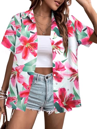 QLIPIN Hawaiian Shirt for Women Floral Tropical Button Down Shirts Summer Beach Blouse Hawaii Button Up Short Sleeve Top