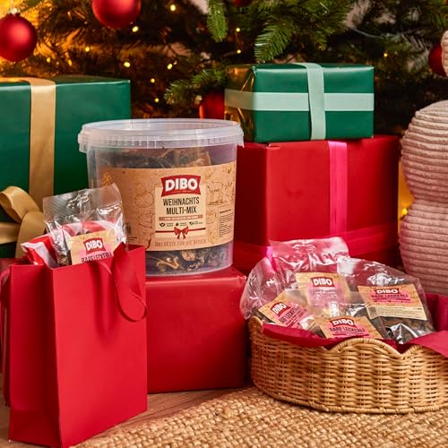 DIBO Weihnachts-Multi-Mix im 750g Eimer - wiederverschließbar, 100% schonend getrockneter Naturkausnack, natürliches und artgerechtes Barf Leckerli für Hunde zur Vorweihnachtszeit