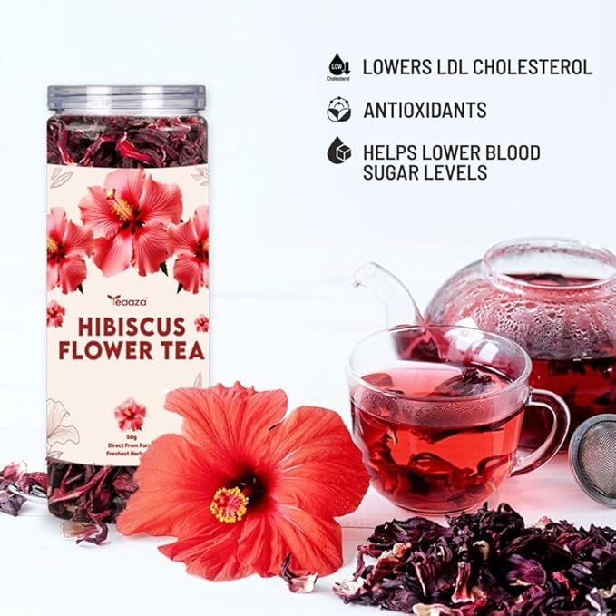 Image of Teaaza Organic Hibiscus Flower Tea For Stress, High Blood Pressure Control And Hair Growth - Caffeine Free Tea | 50 Grams (Pack of 1)