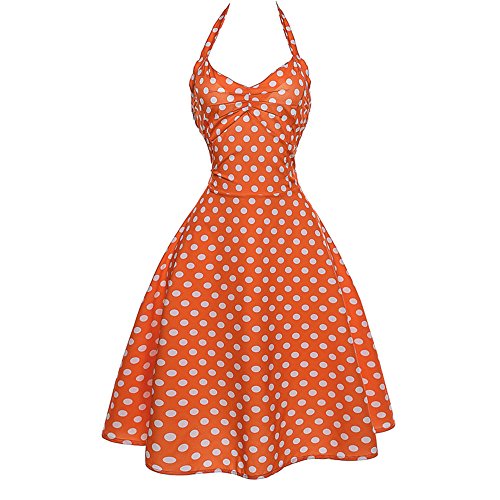 Kaister Holiday Dresses for Women Sleeveless Halter Vintage Bodycon Evening Party Prom Swing Dress Orange
