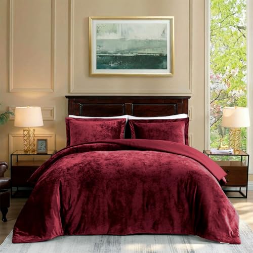 TAMGHO Velvet Queen Comforter Set, Luxuriously Soft Comforter Queen Size, Lightweight Bedding Set for All Seasons, Comforter (92'x96') with 2 Matching Shams (20'x26'), Marron Burgundy