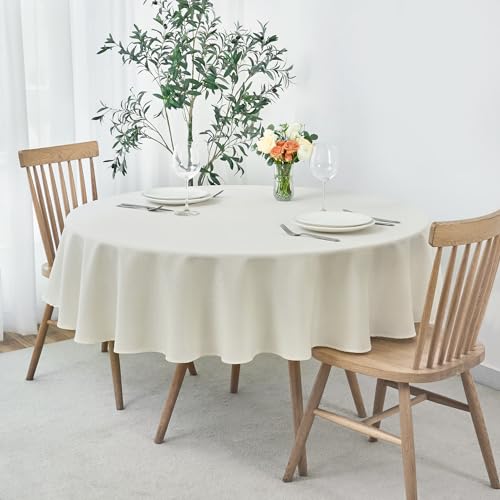Image of maxmill Round Weaved Texture Design Tablecloth Spill-Proof Wrinkle Free Soft Washable Table Cloth for Circular Table Cover, for Dining Room Buffet Banquet Parties Holiday Dinner, 90 Inch Ivory