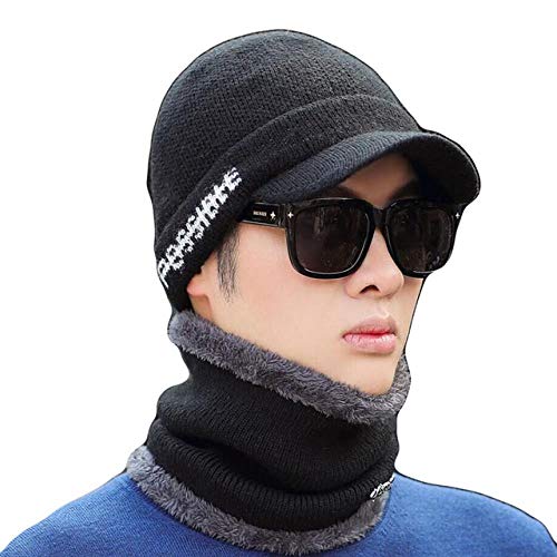 HAOSHA Nuova Sciarpa di Alta qualità A Maglia Invernale con Cappello A Cuffia Fodera in 2 Pezzi di Visiera da Sole Cappello Caldo da Uomo, Nero