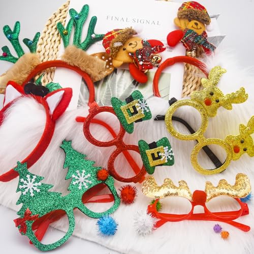 SIQUK 20 Stück Weihnachten Haarreifen Weihnachtsbrille Set, Weihnachten Stirnbänd Haarband Weihnachten Brille Rahmen Weihnachts Kopfschmuck Weihnachtsbaum für Weihnachs Party Kostüm