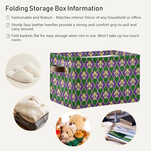 Image of Happy Mardi Gras Green Purple Storage Basket with Waterproof Liner and PU Handles Fleur de Lis Buffalo Plaid Storage Bins Boxes 14.2 inch Collapsible Decorative Organizer Baskets for Bedroom Office 2 Pack