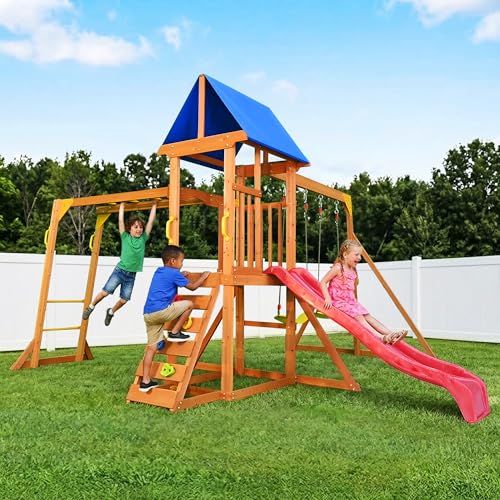 Image of Suniboxi Swing Sets with Monkey Bars for Backyards, Wooden Playground Set for Kids Ages 3-8, Outdoor Playset with 2 Belt Swings, Wave Slide, Play Deck with Canopy, Rock Wall Ladder
