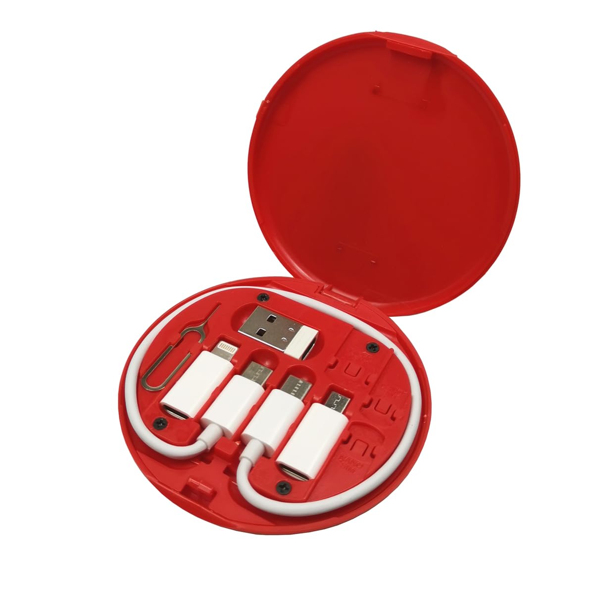 claiolMultifunctional USB Data Cable Set, Storage Box with Multi USB Charging Adapter Cable Kit Micro USB A Type C Lighting, Charging and Data Transfer Cable Kit, Card Storage, Tray Eject Pin. (Red)