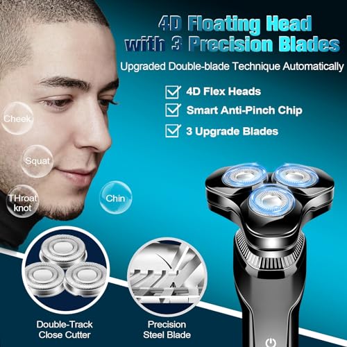 Image of Men's Electric Razor, Upgraded 4D Floating Magnetic Blade Head Rotary Shaver, 3-in-1 Multifunctional for Beard /Nose /Sideburns, IPX7 Waterproof Rechargeable Cordless Shaver, Turbo Speed, Gift for Men