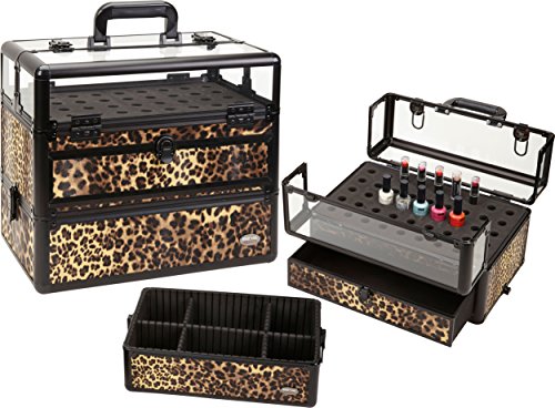 Seya Professional 45 Nail Polish Clear Panel Makeup Artist Organizer Cosmetic Case w/Slide Out Drawer (Leopard)