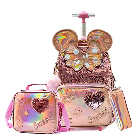 Meetbelify Rolling Backpack for Girls School Backpack with Lunch Box for Elementary Student Wheels Roller Trolley Luggage