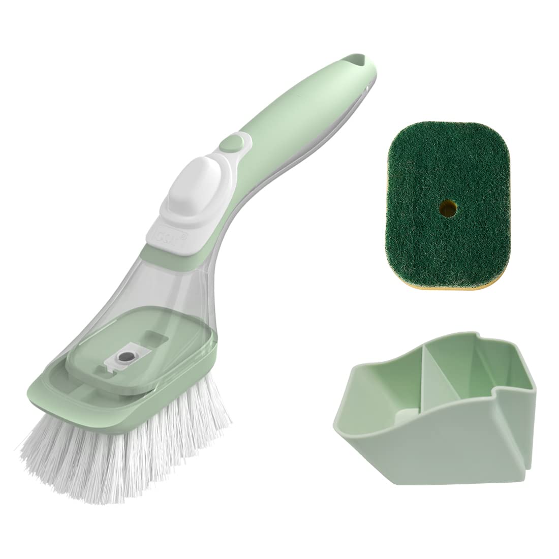 CQT Seifenspender-Spülbürsten-Aufbewahrungsset, Geschirrschrubber mit Griff, Küchenwaschbürste für Topf, Pfanne, Spüle, Küchenbürste mit Halter und 1 ersetzter Scheuerschwammkopf