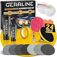 GEARLINE® Scheinwerfer Aufbereitung Set [24 Teile] - Polierset für matte & blinde Scheinwerfer - Inkl. UV-Schutz, Polierpaste, Adapter & 14 Schleifscheiben - Auto Polierset zur Aufbereitung