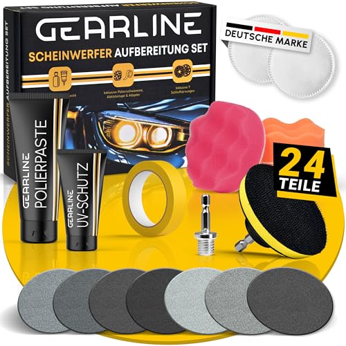 GEARLINE® Scheinwerfer Aufbereitung Set [24 Teile] - Polierset für matte & blinde Scheinwerfer - Inkl. UV-Schutz, Polierpaste, Adapter & 14 Schleifscheiben - Auto Polierset zur Aufbereitung