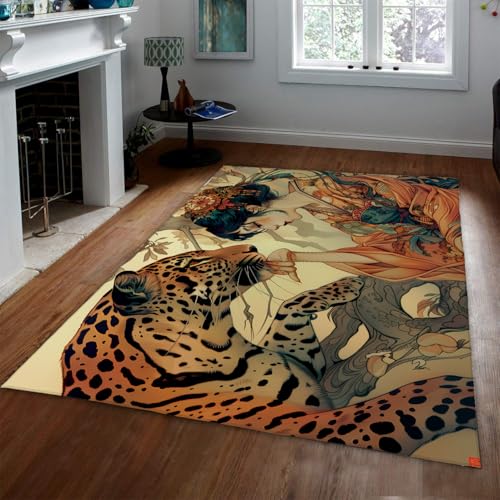 和風ドアマット美しい女性とヒョウの動物のアクセントラグ超ソフトウォッシャブルローパイルカーペットリビングルームゲームルーム用 60x180cm