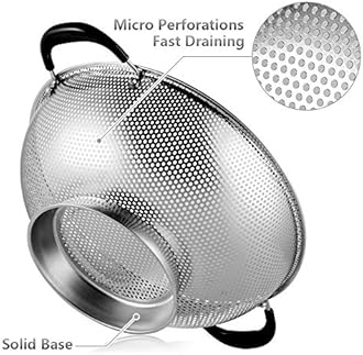Tiawudi 18/8 Stainless Steel Colander, Easy Grip Micro-Perforated 5-Quart Colander, Strainer with Riveted and Heat Resistant Handles, BPA Free. Great for Pasta, Noodles, Vegetables and Fruits