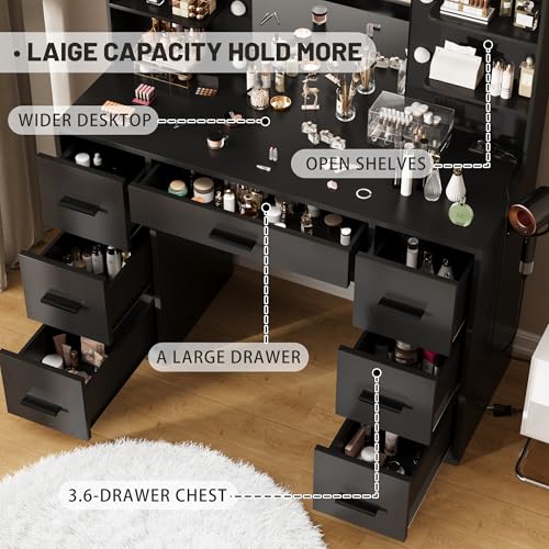 Image of Furmax Vanity Desk with Mirror, LED Lights and Power Outlet Makeup Vanity Table with 7 Drawers and 6 Storage Shelves Dressing Table for Bedroom Dressing Room (Black)
