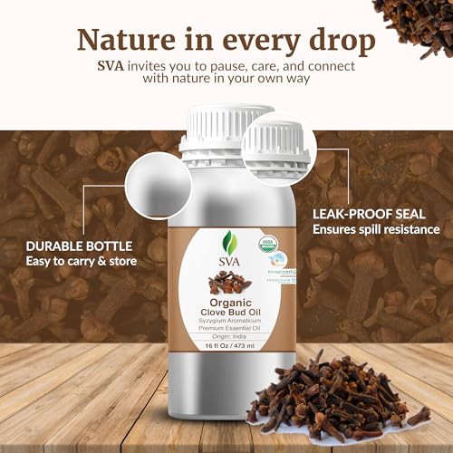 Image of SVA Clove Essential Oil Organic- 16 Fl Oz - 100% Natural Clove Oil - for Diffuser, Hair Care, Face, Skin Care, Aromatherapy, Scalp and Body Massage, Soap and Candle Making