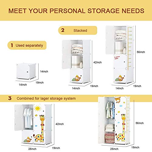 Image of EXVITO Kids Plastic Wardrobe - 12 Door Foldable Almirah for Clothes with Hanging Rod, Collapsible Wardrobe Cartoon Print Cupboard for Baby & Kids Room - M4