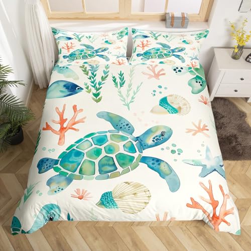 Homewish Housse de Couette 140x200 Enfant Tortue de Mer Aquarelle, Parure de Lit Dessins Animés...