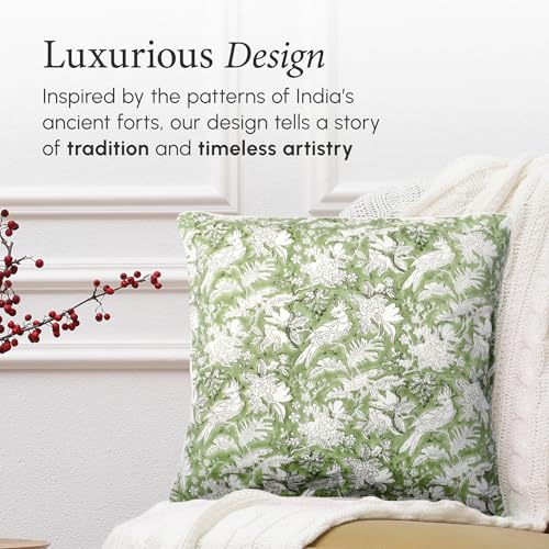 CPC 100% Cotton Throw Pillow Covers 20x20 Inch, Set of 2 Green Block Print Pattern Couch Pillow, Cute Boho Decorative Pillows for Living Room, Bedroom with Hidden Zipper- Olive Green