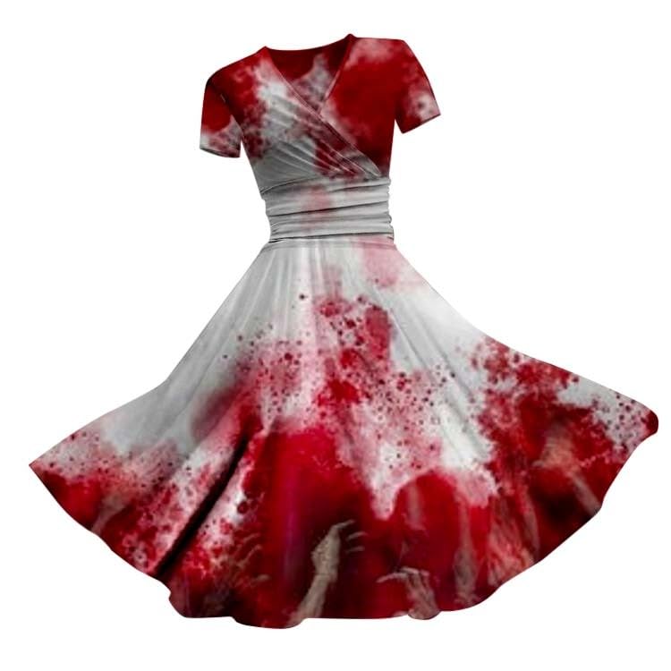 HUIFUAO Halloween Dresses for Women Scary Bloody Fancy Dress Plus Size Halloween Costumes V Neck Short Sleeve Party Evening Horror Festival Cosplay Outfits Clothes (Z02 Red #3, L)