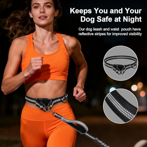 OFFCUP Joggingleine Hunde Hundeleine Freihändig, Dual Griffe Reflektierende verstellbar 124-180cm, Hunde Freihändig Hundeleine für Große und Mittelgroße Hundes bis zu 50 kg, Grau