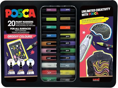 POSCA - Mitsubishi Pencil - Mallette Métal Groovy Colours - Set 20 Marqueurs Peinture Acryliques Tout Support - avec Couleurs Pailletées Métallisées Fluo - Pointes Extra Fines, Fines et Moyennes