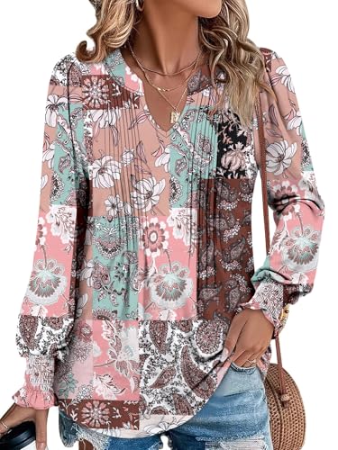 BETTE BOUTIK Long Sleeve Shirts for Women Fall Tops Dressy Blouses Pleated V Neck Tunic Tops for Leggings S-3XL
