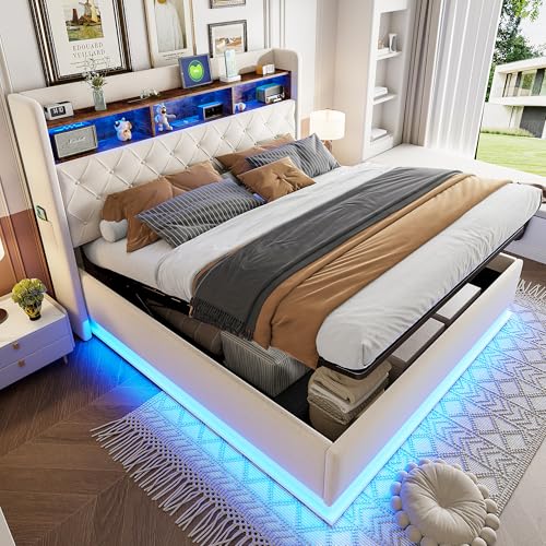 Aunvla Cama tapizada LED de 180 x 200 cm, cama acolchada con espacio de almacenamiento USB y almacenamiento hidráulico, tela de lino agradable a la piel, color beige