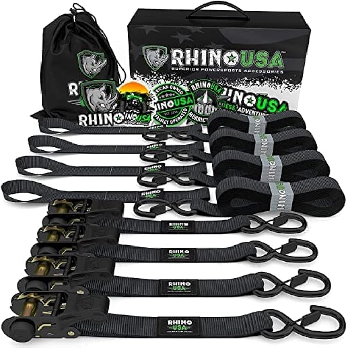 Rhino USA Ratchet Tie Down Straps (4PK) - 1,823lb Guaranteed Max Break Strength, Includes (4) Premium 1" x 15' Rachet Tie Downs with Padded Handles. Best for Moving, Securing Cargo (Black 4-Pack)