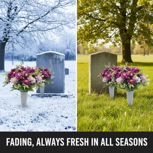 Artificial Cemetery Flowers for Grave, 2 Pack Silk Peonies Bouquet with Vase - UV Resistant Purple & Pink Memorial Flowers, All Weather Outdoor Headstone Decor with Spike image 2