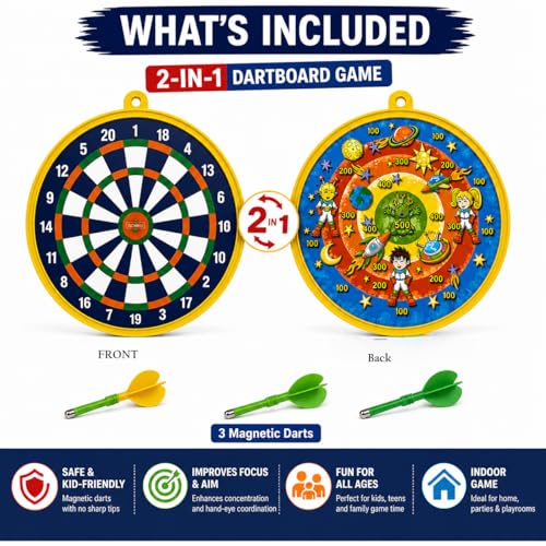 Image of 2 in 1 Magnetic Dart Board Game for Kids & Family Double Sided Indoor Dartboard with Space Target Game Safe Magnetic Darts Toy for Boys Girls Age 4 5 6 7 8 9 10+ Years Birthday Gift Party Game Set