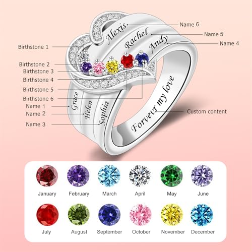 Personalized Birthstones Rings for Women Heart Mother Ring with Simulated Birthstones Custom Stones Ring Jewelry for Her Engagement Name Promise Ring for Mom Wife Grandmother4