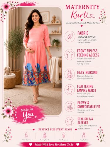 Image of RITIJYA Zipless Feeding Kurta Dress for Women | Maternity Nursing Kurti, No-Zip Easy Access | Extra Pleats Pre to Post Pregnancy | Quick-Dry Fabric | S-4XL