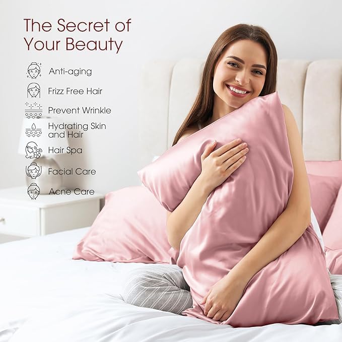 Image of RAGGLE Satin Silk Pillowcase for Hair and Skin Standard Size 18 inchX 28 inch with Soft Breathable Smooth Cooling Pillow Covers for Sleeping or Pillow Protector (2, Pink)