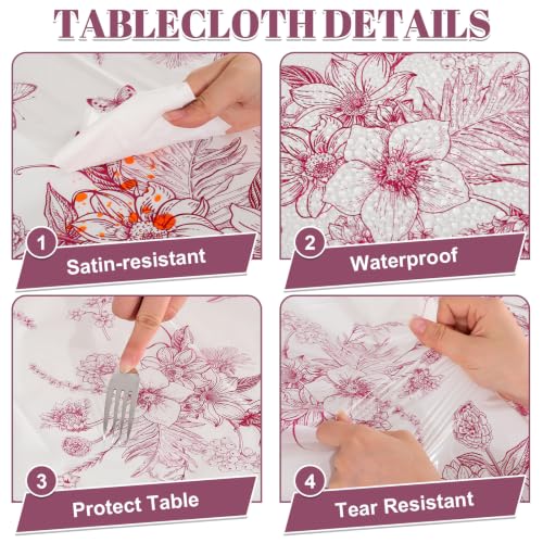 Image of 3 Pcs Burgundy Floral Plastic Tablecloths, 54 X 108Inch Fall Party Tablecloth Disposable Table Cloth Burgundy and White Porcelain Tables Decor for Autumn Dinner Harvest Wedding Birthday Picnic