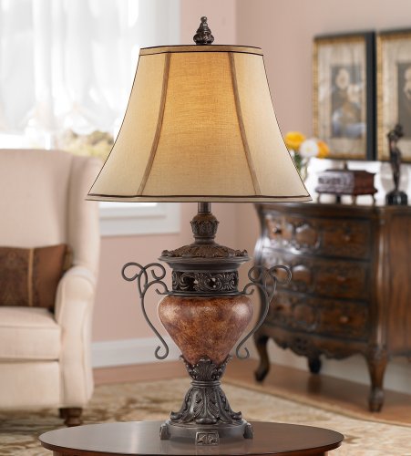 Regency Hill Traditional Style Table Lamp 31.5" Tall Bronze Brown Crackle Iron Metal Urn Faux Silk Bell Fabric Shade Decor For Living Room Bedroom House Bedside Nightstand Home Office #TOP2