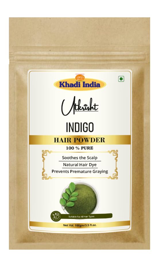 Utkrisht Khadi Indigo Hair Powder Pack 100g | Natural & Ayurvedic | For Deep Black & Brwon Shade | For Healthy & Silky Hair | Soothes Irritation | All Hair Types | For Men & Women-image-0