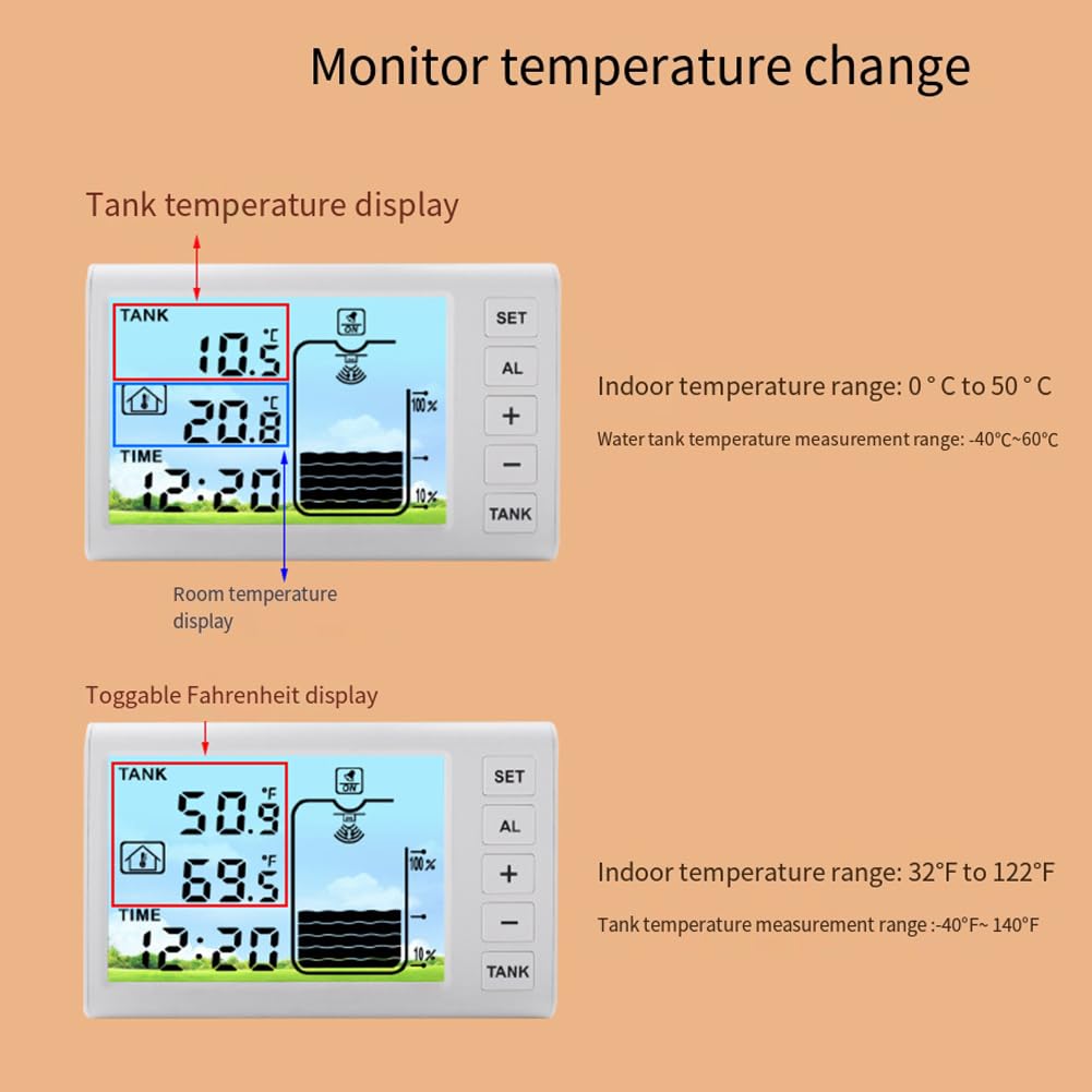 Monitor de nivel de tanque de agua solar con medidor digital, medidor de nivel de líquido inalámbrico de rango de 1 a 5 m, transmisor impermeable IP65 con carga automática, receptor interior que